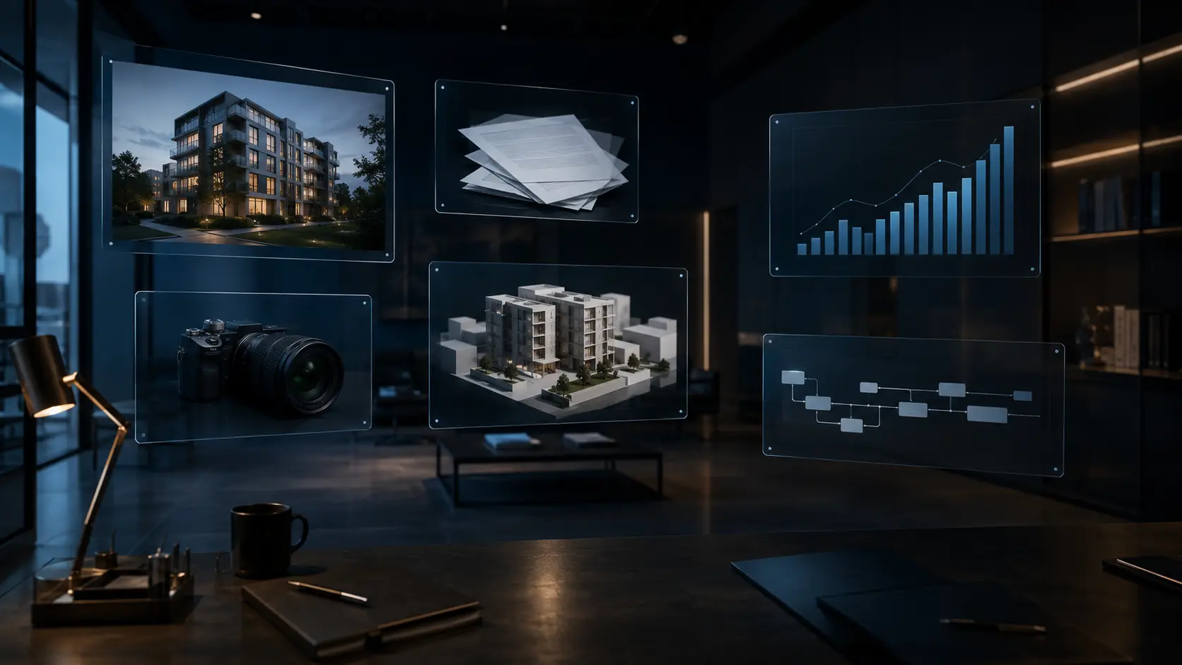 Separate property, document, financial, image, and workflow evidence displayed across disconnected planes